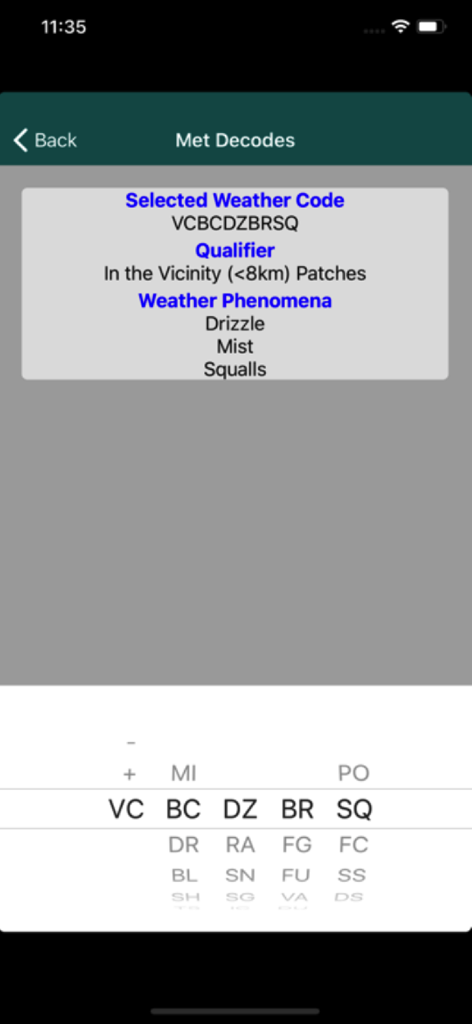 Interface de l'application CX ToolKit affichant un décodeur de code météorologique pour les phénomènes météorologiques aéronautiques tels que la bruine et le brouillard.