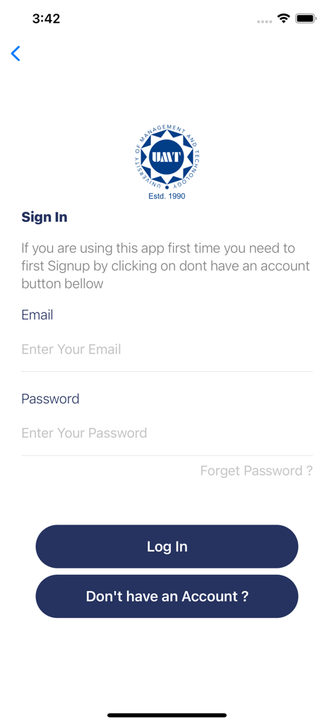 myUMT - Sign in screen for the myUMT university app with email and password fields