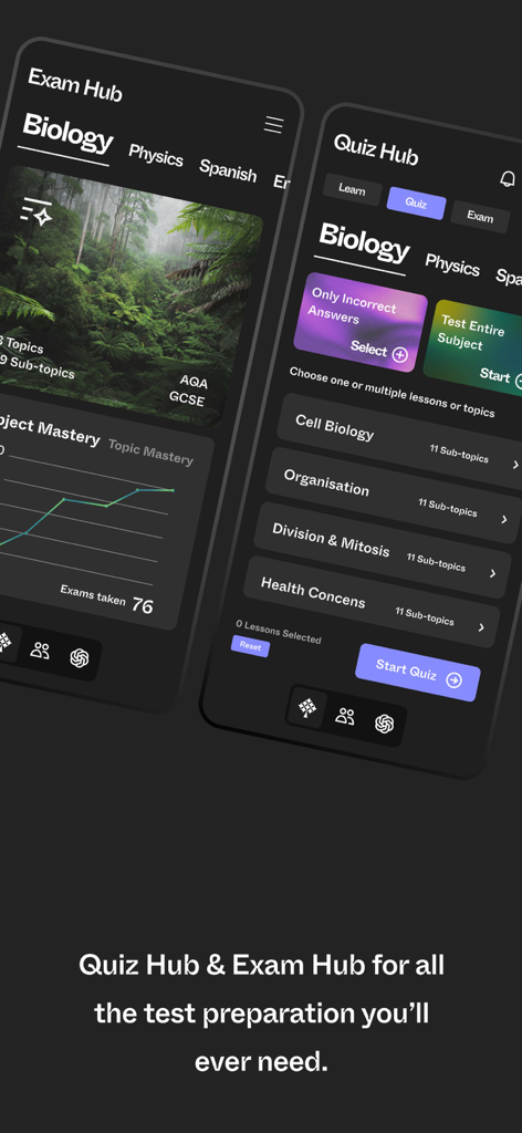 Flyp Academy - Flyp Academy app interface for biology exam preparation and quizzes.