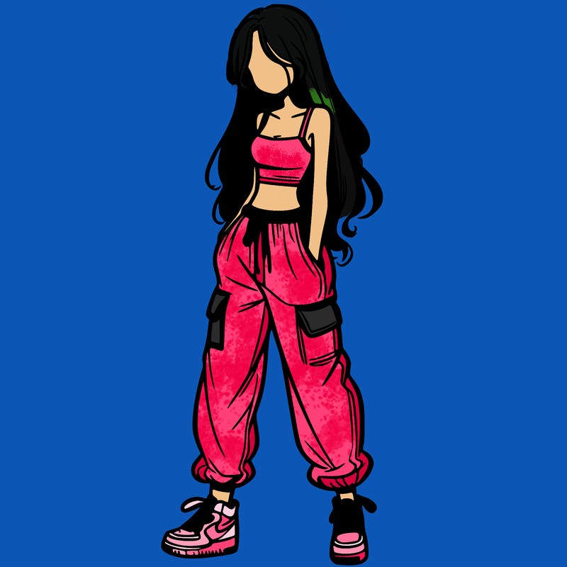 girl in baggy pants crop top and long hair