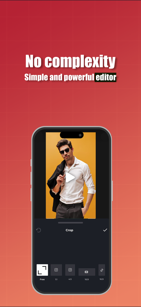 Captiono: AI Subtitles - Captiono Mobile Video Editor-Oberfläche zeigt das Zuschneidewerkzeug mit verschiedenen Aspect-Ratio-Voreinstellungen für soziale Medien.