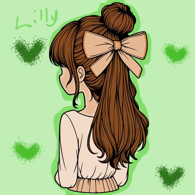 realistic girl  with hip length hair a bun and a big bow on the back of head