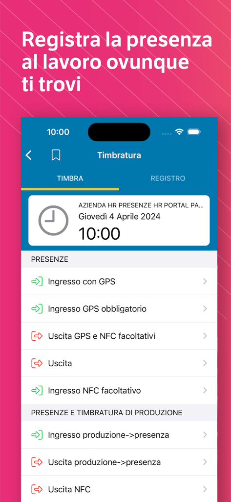 TeamSystem HR - Schermata dell'app mobile TeamSystem HR per il check-in e check-out utilizzando GPS o NFC