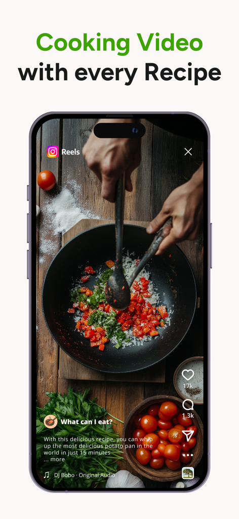 Una pantalla de smartphone mostrando un video de cocina de Instagram integrado en la aplicación de recetas