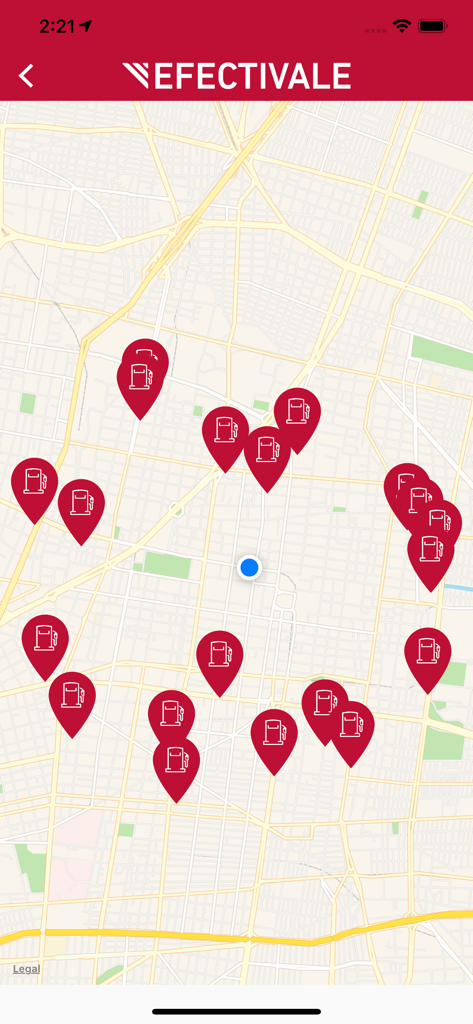 Efectivale Móvil - Interfaz de mapa de la aplicación Efectivale Movil que muestra ubicaciones de gasolineras