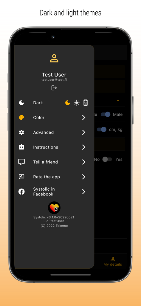 Settings menu of the Systolic blood pressure app showing dark theme options and user profile details.