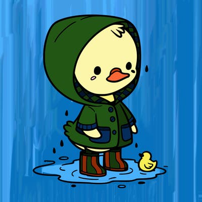 baby duck in a rain coat and boots, in a puddle while it’s raining
