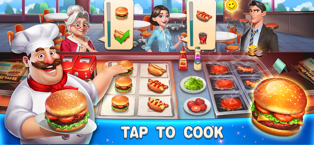 Happy Cooking 3: Cooking Games - A cheerful chef holding a large burger in a busy restaurant kitchen with customers waiting for their orders.