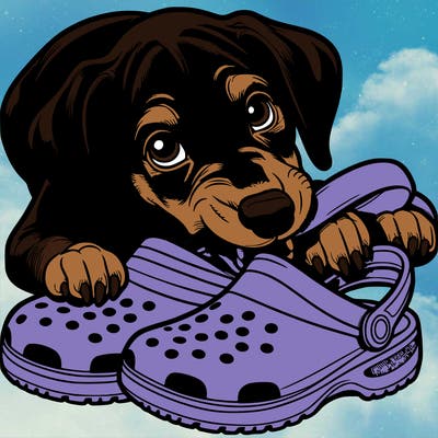 a realistic doberman puppy chewing on crocs