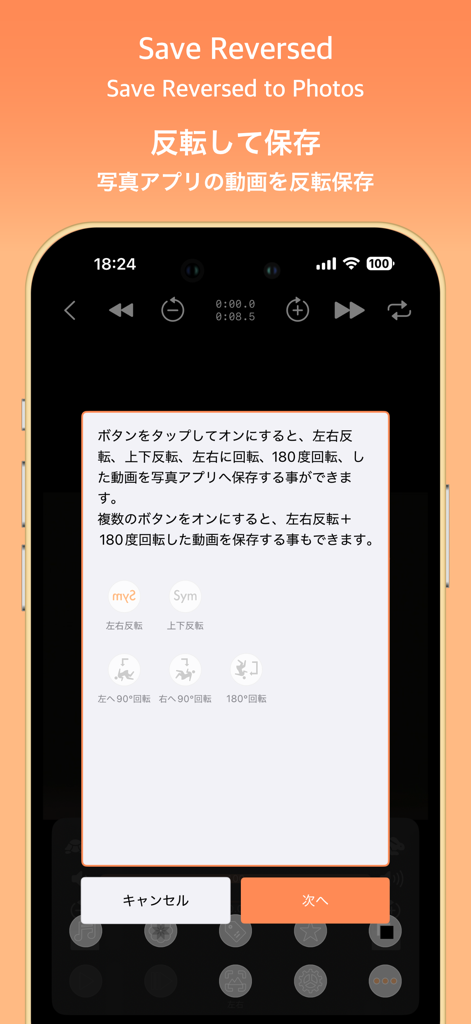 SymPlayer - Master Movement - - 写真に保存するための動画反転および回転オプションを表示するSymPlayerアプリのインターフェース