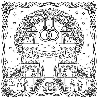 This enchanting coloring page features a charming wedding scene with elegant bell towers, perfect for young artists. Kids will love adding color to the floral arches, wedding rings, and a happy wedding party, making it a delightful way to celebrate love.