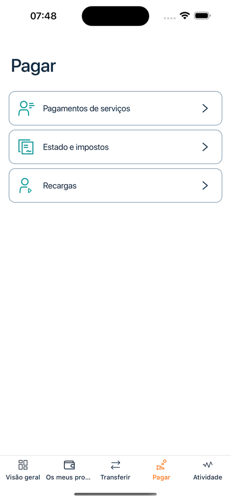Menu des options de paiement dans l'application bancaire FNB ON Mozambique montrant les paiements de services et les options fiscales