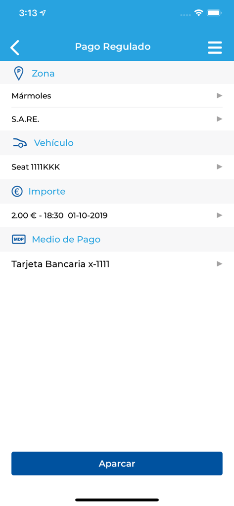 Tela de pagamento de estacionamento regulamentado no aplicativo SMASSA mostrando zona, veículo e método de pagamento.