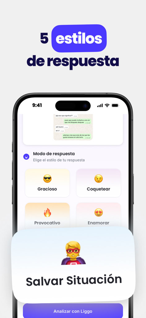 Liggo: Respuestas con IA - Interfaz de la app Liggo mostrando diferentes estilos de respuesta de IA para chats de citas como divertido y coqueto