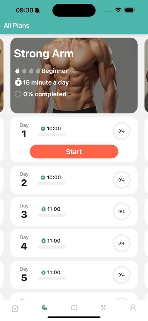 Workout for Underweight - A screen from the Workout for Underweight app showing a 15-minute daily beginner workout plan for strong arms with a schedule for Day 1 through Day 5.