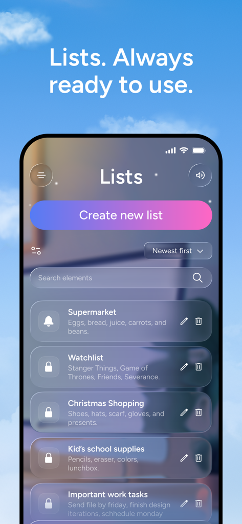 Memorae - Memorae app interface showing organized personal and work lists including supermarket items and school supplies with a minimalist design
