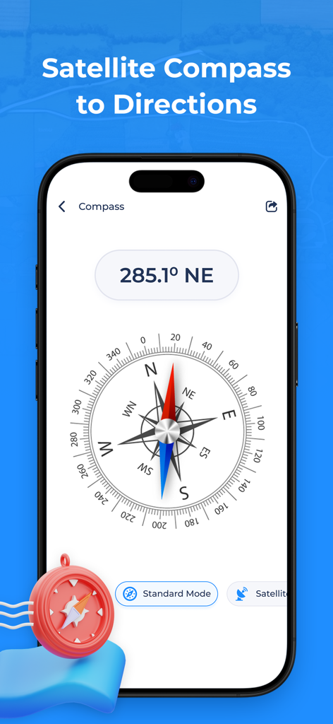 GPS Fields Area Measure app showing a digital compass with directional degrees and satellite mode