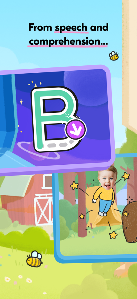 Educational screen showing letter tracing and interactive child video modeling for speech and comprehension development