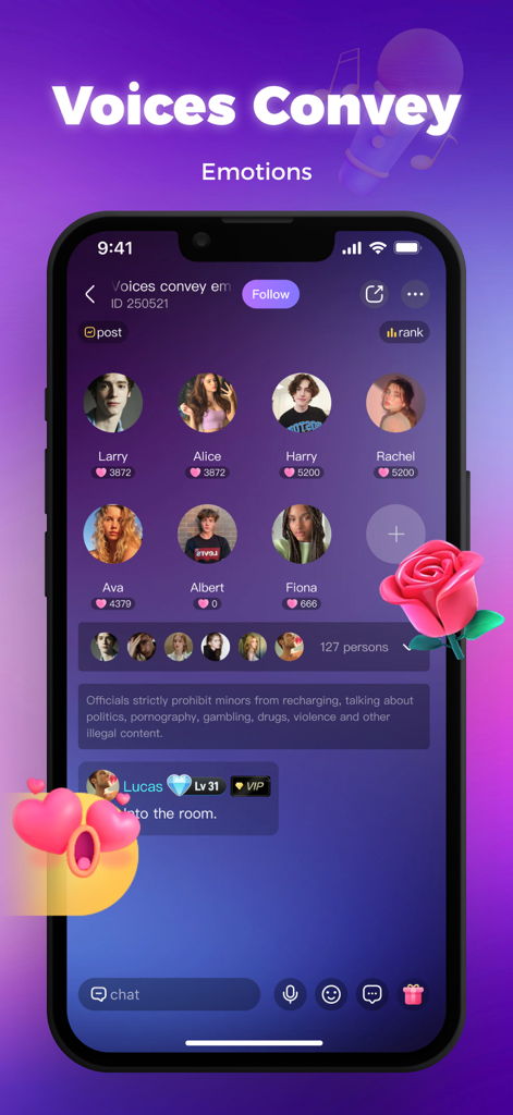 UCOO-Real-Time Voice - A screenshot of the UCOO app showing an online voice party room with multiple user profiles and interactive icons.