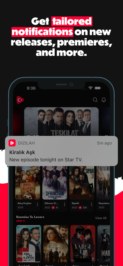 Dizilah - Smartphone notification from Dizilah app about a new Turkish drama episode release