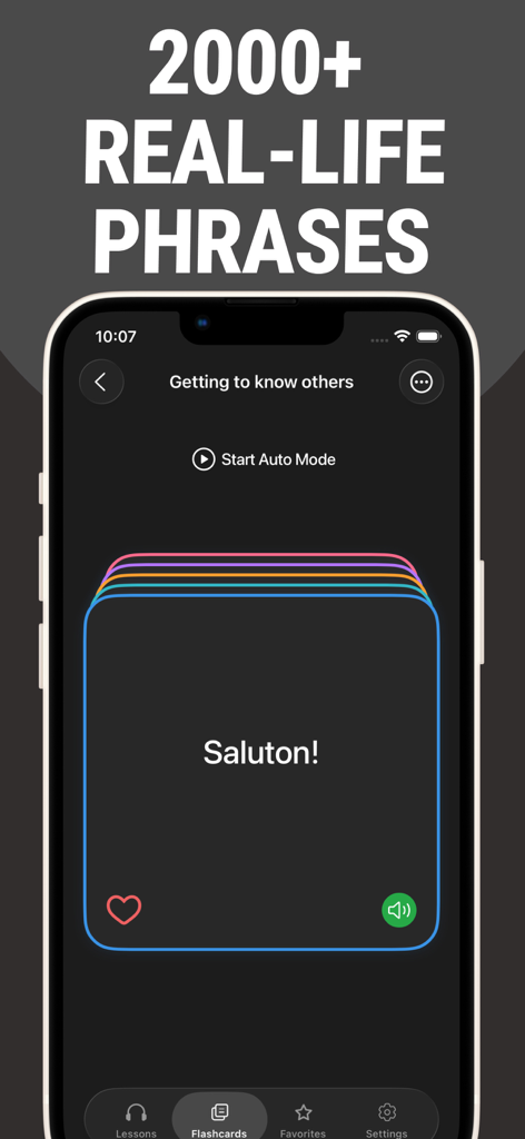 Interfaz de la aplicación Aprende Esperanto Lentil mostrando tarjetas de memoria y una colección de más de 2000 frases de la vida real.