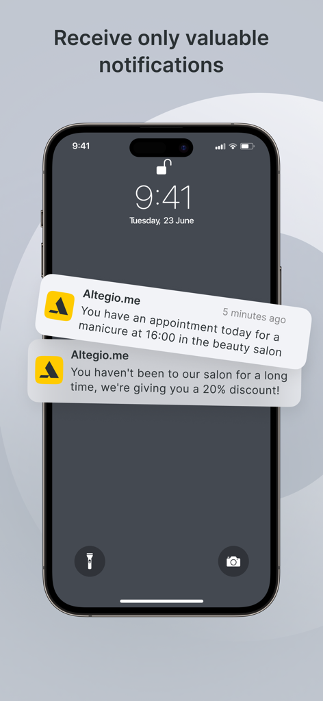 Altegio.me: your appointments - Altegio app notifications for appointment reminders and salon discounts on a smartphone lock screen
