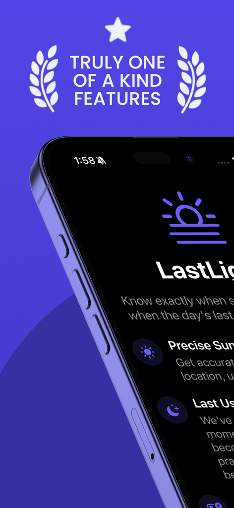 An iPhone displaying the LastLight Pro app interface with the heading Truly One of a Kind Features and icons for sunset tracking.