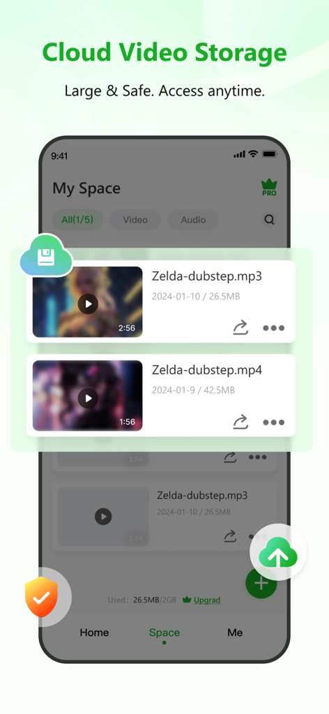 RecCloud - AI Speech to Text - Interfaz de la aplicación RecCloud que muestra almacenamiento de vídeo en la nube y gestión segura de archivos multimedia.