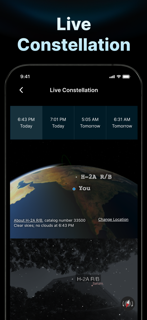 Star Tracker - Night Sky Map - Interfaz de la aplicación Star Tracker que muestra funciones de seguimiento en vivo de constelaciones y satélites
