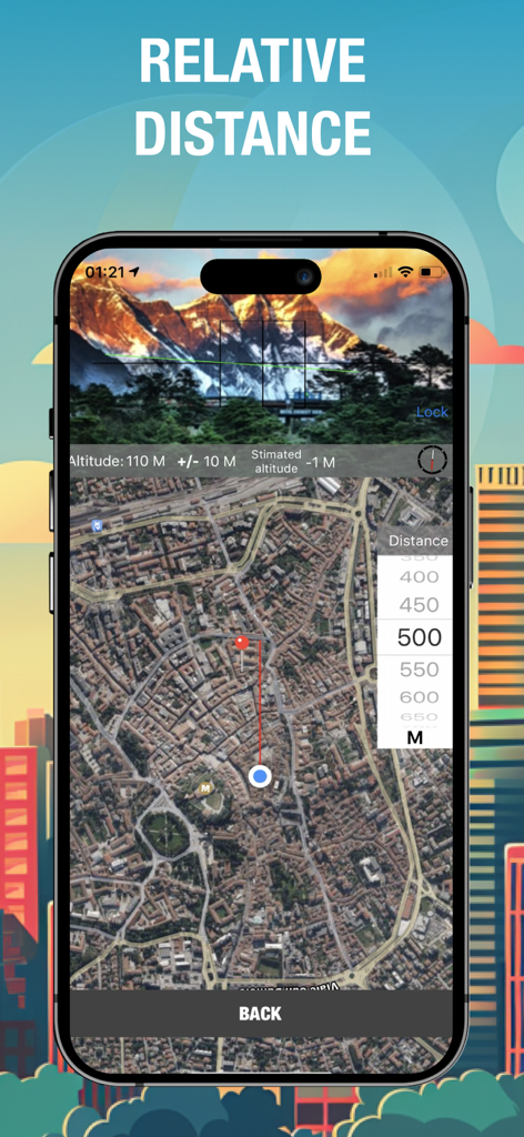 Altímetro GPS mostrando la medición de distancia relativa entre la ubicación del usuario y un punto objetivo en un mapa satelital