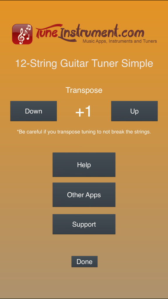 12-String Guitar Tuner Simple - Transpose menu of the 12-string guitar tuner app with up and down buttons and a string safety warning
