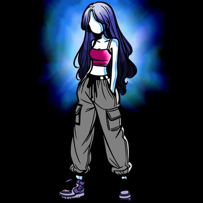 girl in baggy pants crop top and long hair