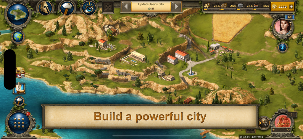 Grepolis - Divine Strategy MMO - Una captura de pantalla de Grepolis mostrando una ciudad de la Antigua Grecia siendo construida a lo largo de una costa