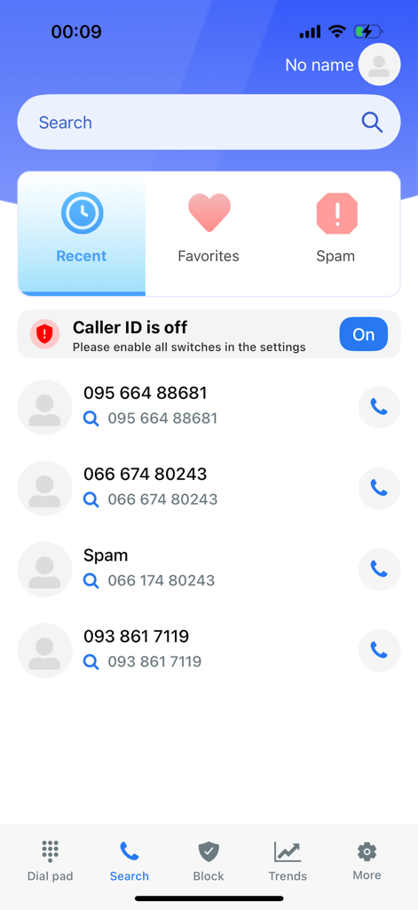 Whocall Caller ID & Lookup - Interfaz de la aplicación Whocall mostrando la pestaña de búsqueda con llamadas recientes y opciones de identificación de llamadas de spam