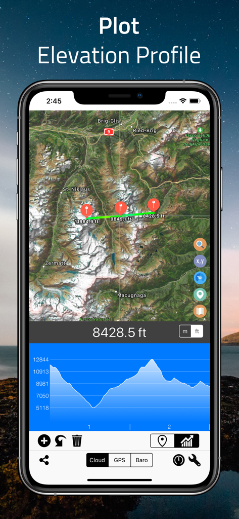 App-Oberfläche von Elevation Altimeter Map zeigt eine Satellitenkarte mit einem Höhenprofil-Plot und einem Höhen-Diagramm
