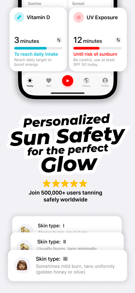 SunSafe app interface showing Vitamin D and UV exposure tracking with personalized skin type selection for safe tanning.