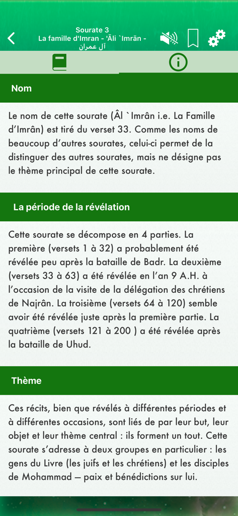 Interfaz móvil que muestra la historia y el tema de una sura del Corán en francés