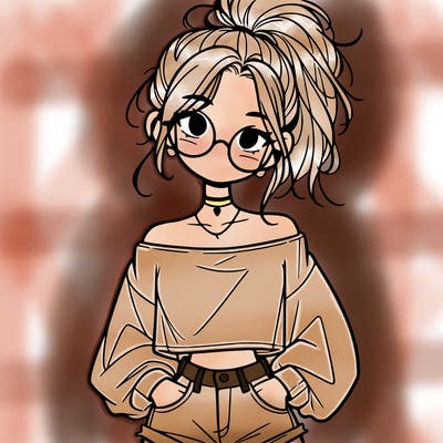 girl with a messy ponytail glasses a baggy crop top and jean shorts