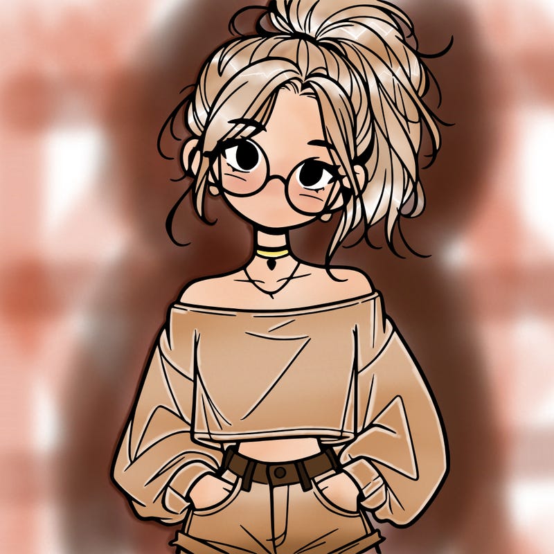 girl with a messy ponytail glasses a baggy crop top and jean shorts