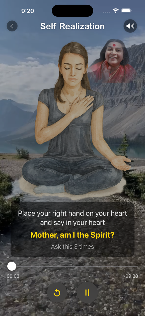 SahajaYoga-Meditation - Aplicación de meditación Sahaja Yoga mostrando una pantalla de práctica de autorrealización.