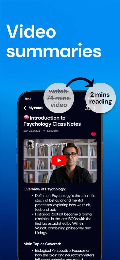 Minutes of Meeting AI Notebook - AIノートアプリ内で74分間のビデオ講義が2分間の要約に変換されたスマートフォンの画面