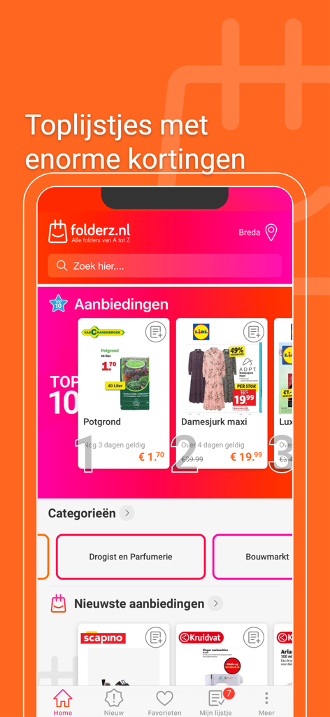Folderz app home screen displaying top deals and huge discounts on various products with a search bar and category navigation