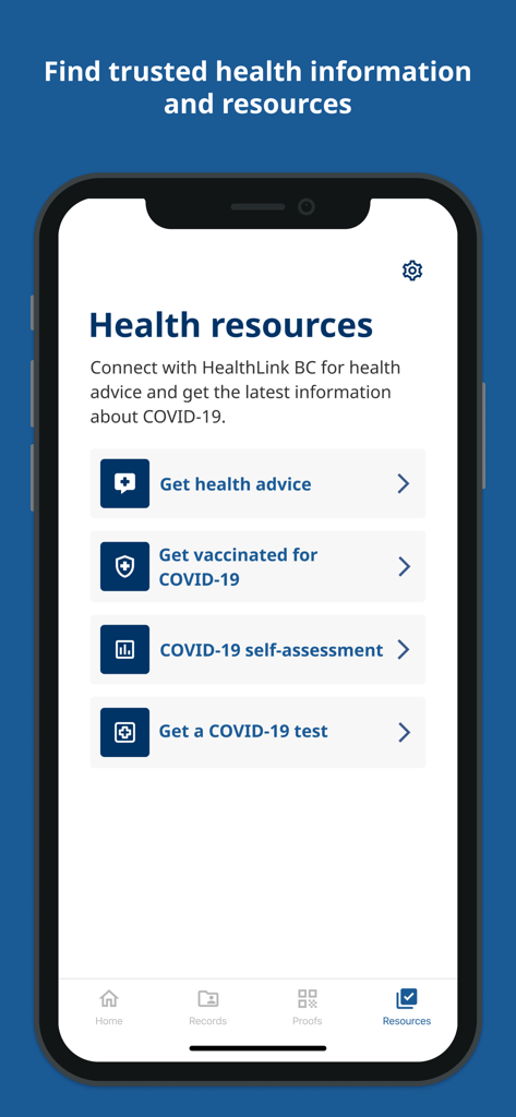 Health Gateway app interface displaying a menu for health resources including COVID-19 advice and testing