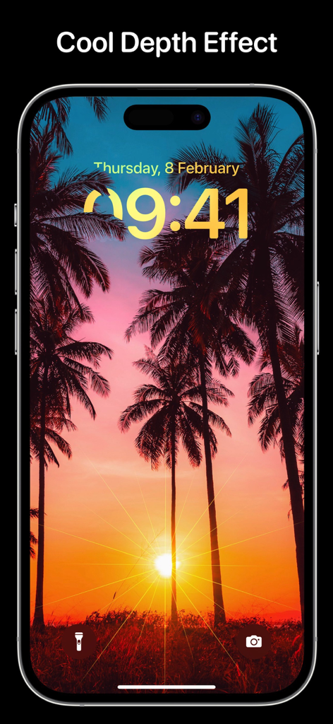 Blocco schermo iPhone con uno sfondo di tramonto e palma con effetto profondità