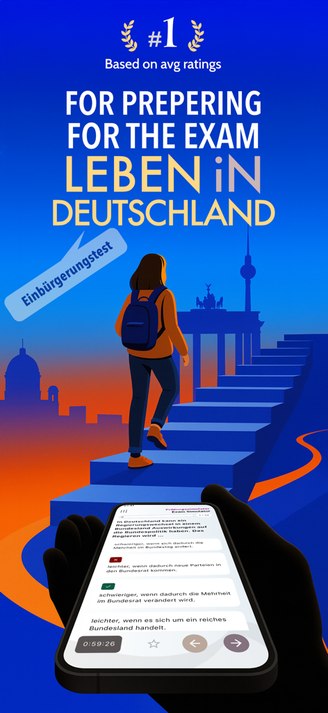 Leben in Deutschland: LebenPro - Person using the LebenPro app for German citizenship test preparation with the Brandenburg Gate in the background