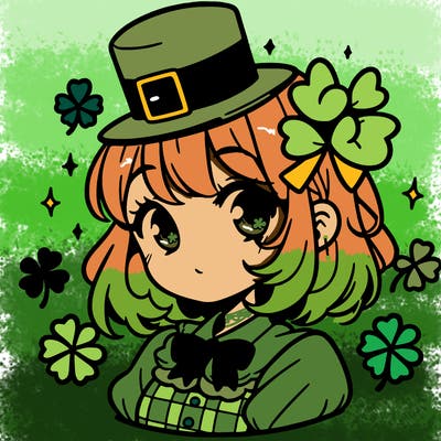 a manga-style girl with clovers around her, a little hat in her hair, like it's saint patrick's day