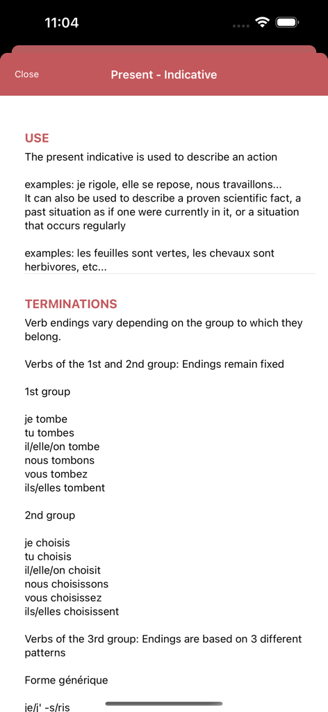 French conjugations! - A screen from the French conjugations app explaining the rules and examples for the present indicative tense.