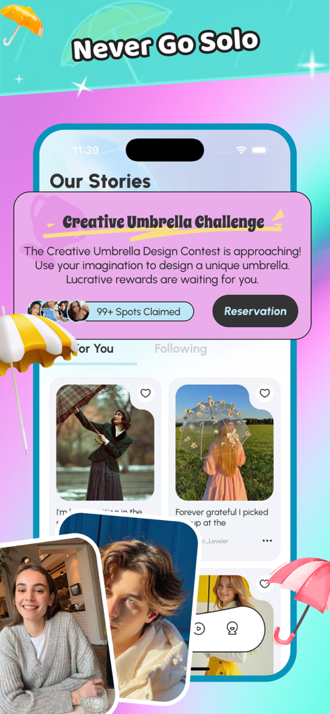 Faniy-Umbrella Making Chat - Captura de pantalla de la aplicación Faniy que muestra el feed social con fotos de paraguas y un banner de desafío de diseño creativo