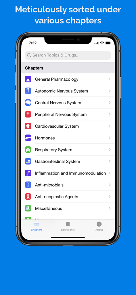 Classify Rx for pharmacology - Classify Rx app interface showing a categorized list of pharmacology chapters by medical system