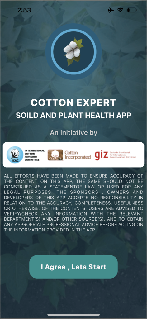 ICAC Cotton Expert - ICAC Cotton Expert app landing page with soil and plant health branding and partner logos from ICAC and Cotton Incorporated